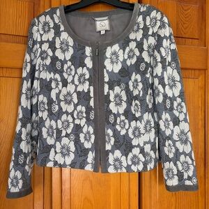 St. John Collection Gray and White Floral Zip Jacket